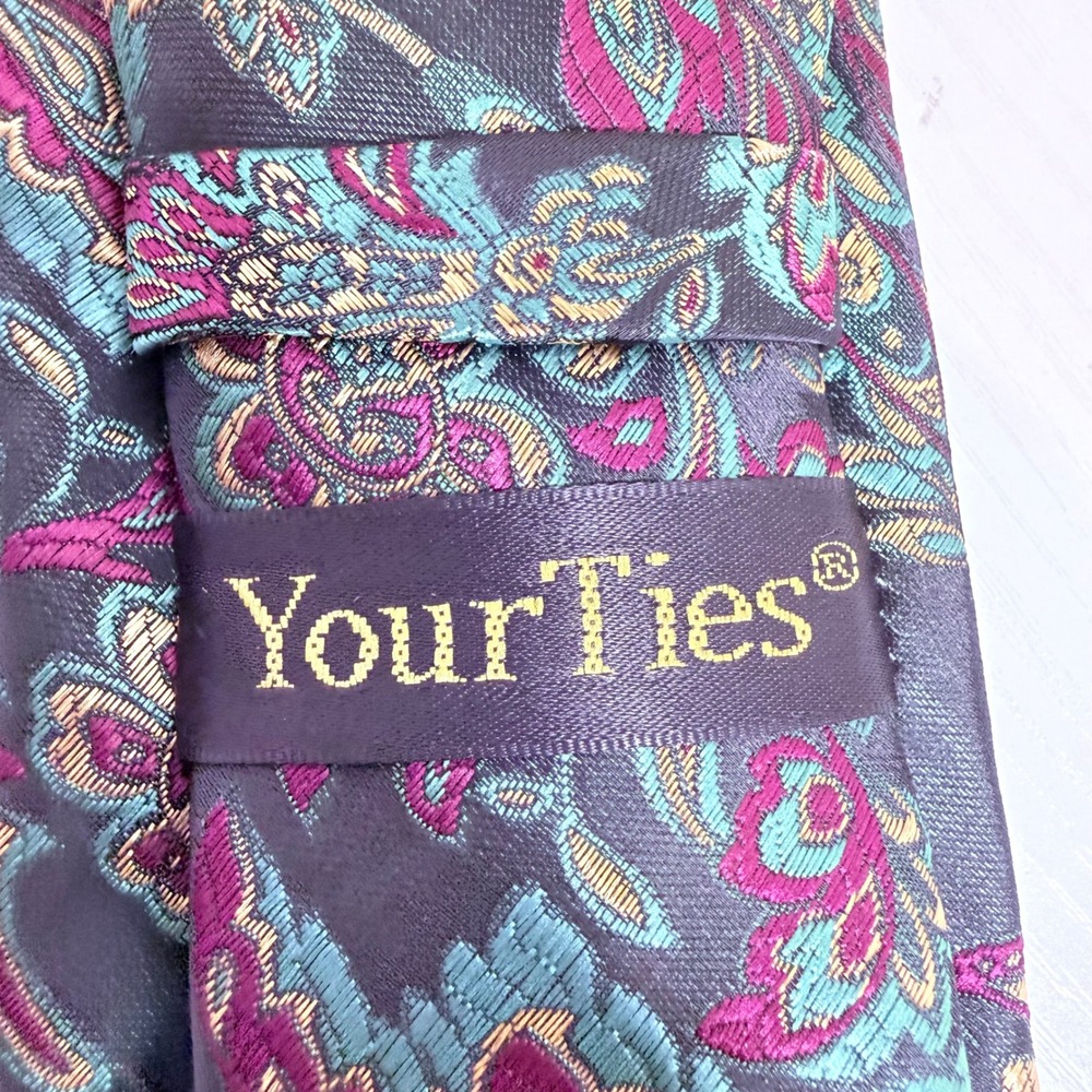 YourTies Mens Silk Tie Floral Paisley Jacquard Black Teal Magenta Handtailored - Picture 4 of 5